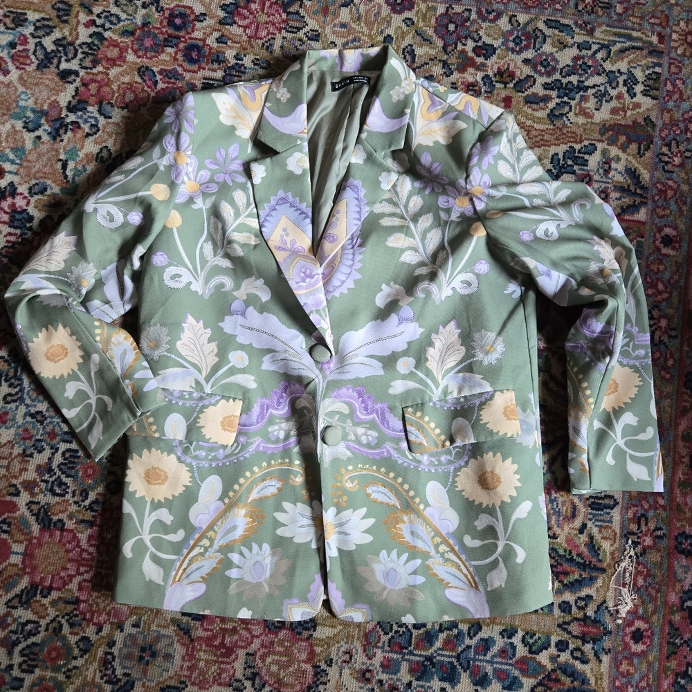 Pastel green, purple oversize floral button-up blazer NWOT